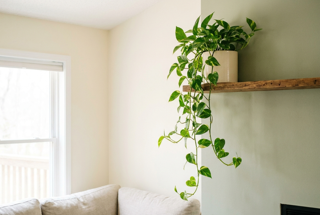 A golden pothos trailing from a high wood shelf, out of a cat's reach in a bright living room