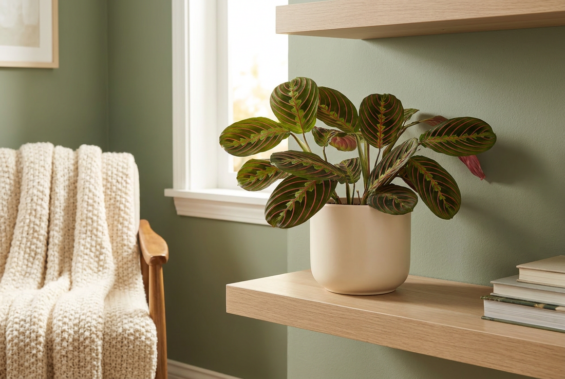 Red prayer plant Maranta with deep green leaves and bright red veins on a shelf, a pet-safe houseplant for cats