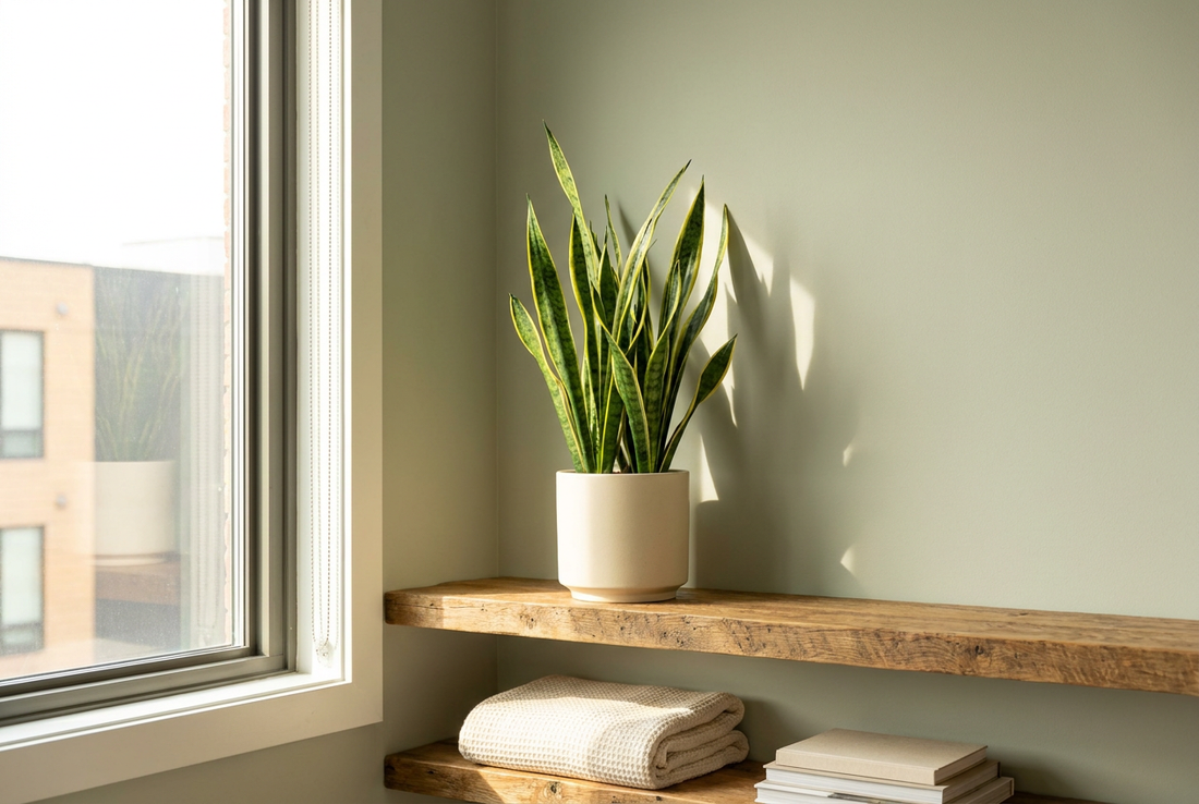 Snake plant with yellow-edged upright leaves on a floating shelf in a bright room, placed out of a cats reach