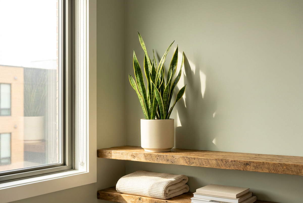 Snake plant with yellow-edged upright leaves on a floating shelf in a bright room, placed out of a cats reach