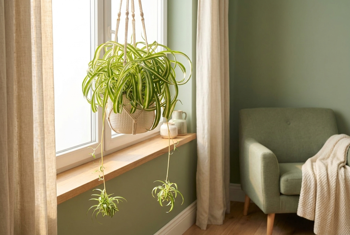 Bonnie curly spider plant in a hanging pot with cascading baby plantlets in a bright living room