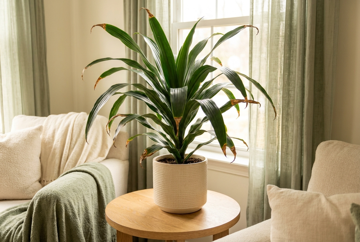 Dracaena houseplant with brown crispy leaf tips in a bright living room