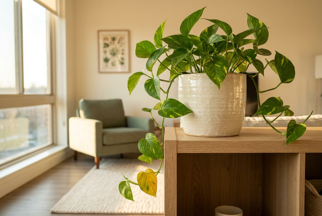 Golden pothos on a shelf with one yellow lower leaf among healthy green foliage