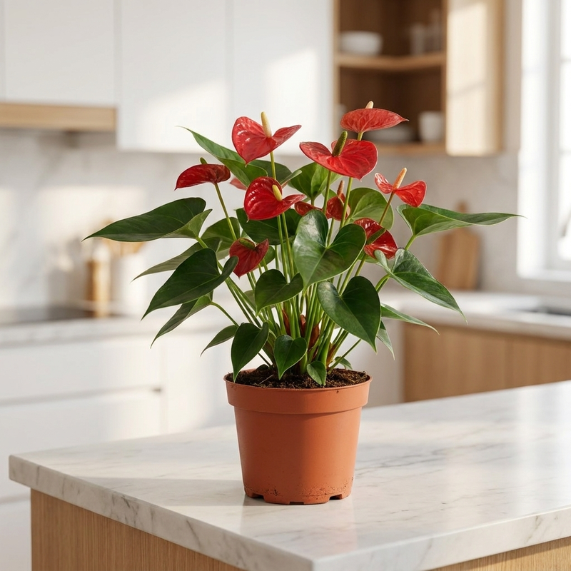 Red Anthurium in a kitchen [lifestyle]