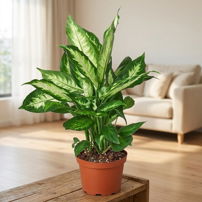 Dieffenbachia Camille on a shelf [lifestyle]